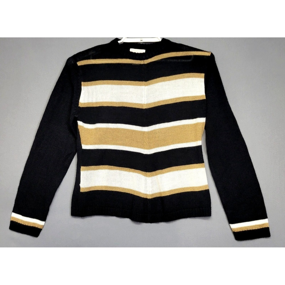Vintage Sweater Womens Medium Black White Tan Striped Knit Long Sleeves Jenny